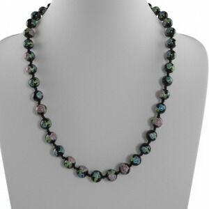 Vintage Hand Painted Cloisonné Style Floral Glass Bead Necklace 27"